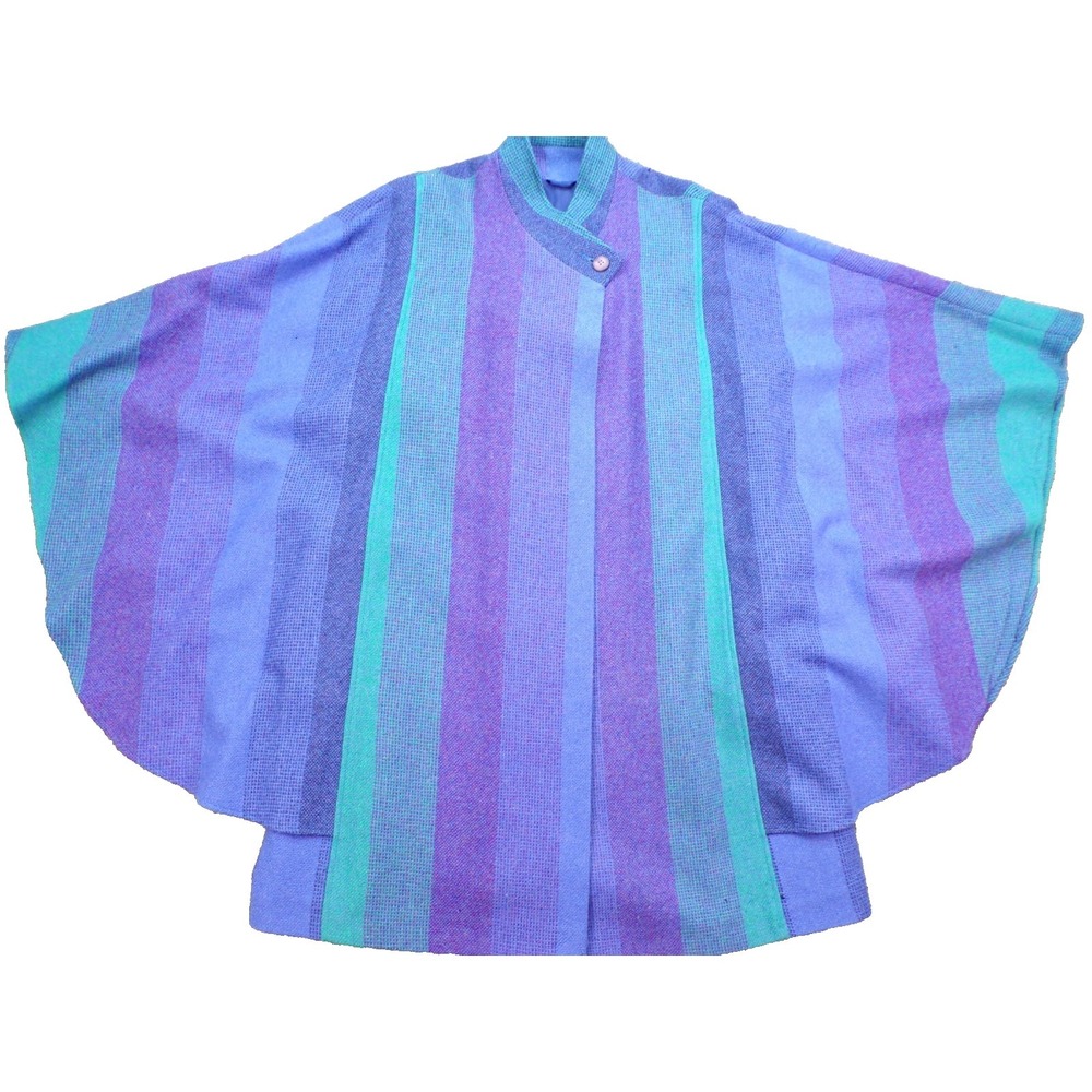 Avoca Collection VTG Blue Purple Striped Ireland Wool Cape Coat Poncho Cloak M